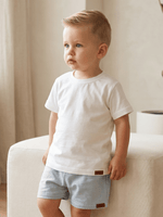 Conjunto Bebê Menino Verão Camiseta Algodão 100% + Short Linho Off-White/Azul (0-4)