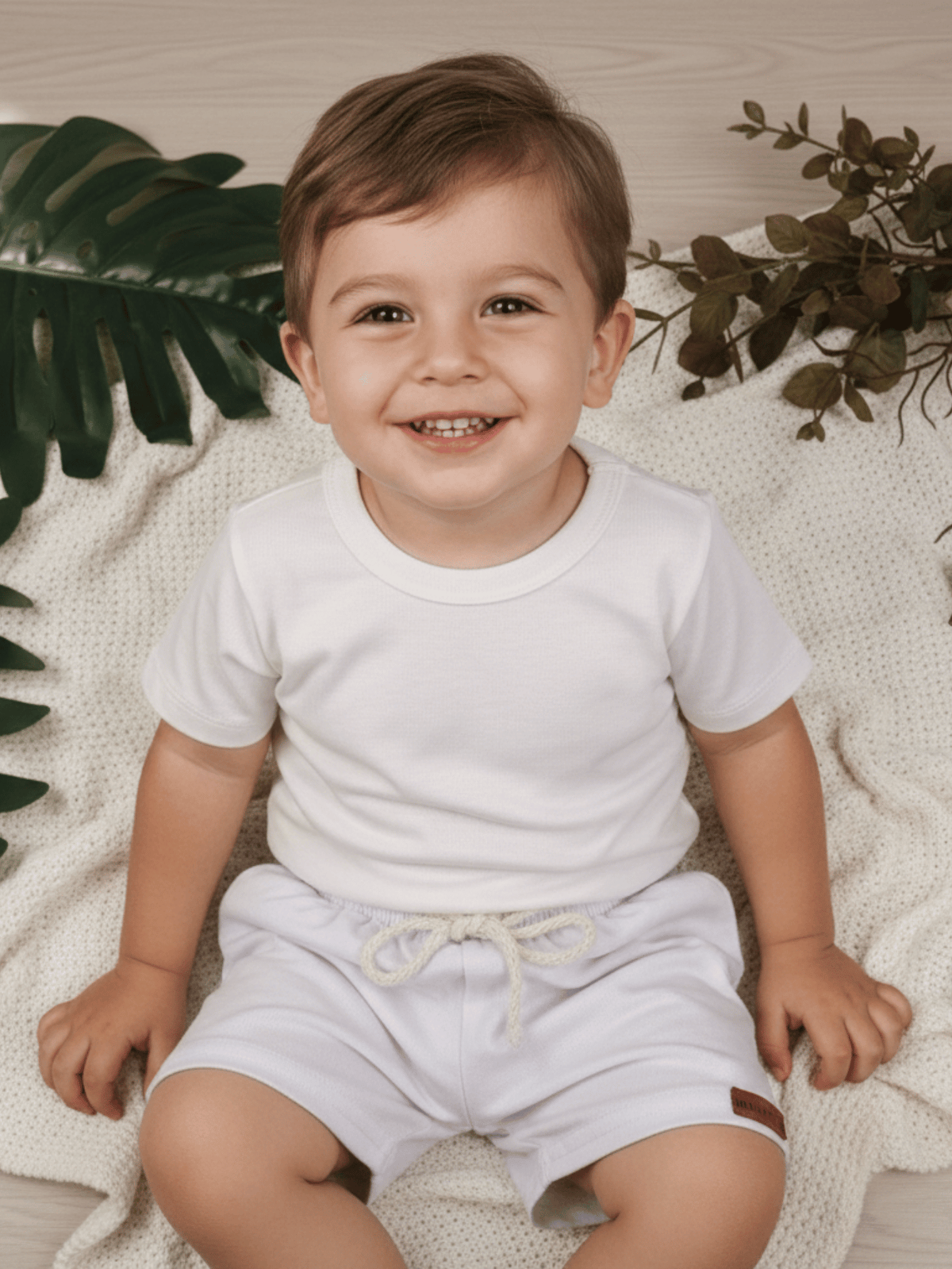 Conjunto Bebê Menino Verão Camiseta Algodão 100% + Short Linho Off-White/Branco (0-4)