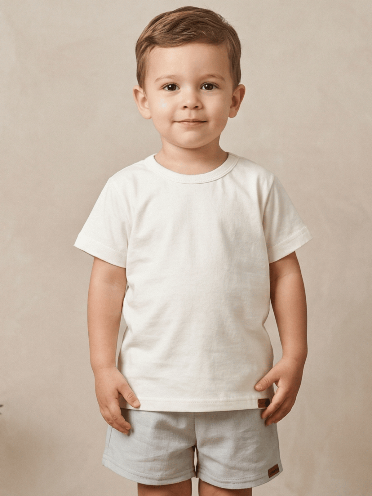 Conjunto Bebê Menino Verão Camiseta Algodão 100% + Short Linho Off-White/Cinza (0-4)