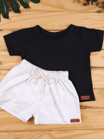 Conjunto Bebê Menino Verão Camiseta Algodão 100% + Short Linho Preto/Branco (0-4)