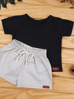 Conjunto Bebê Menino Verão Camiseta Algodão 100% + Short Linho Preto/Cinza (0-4)