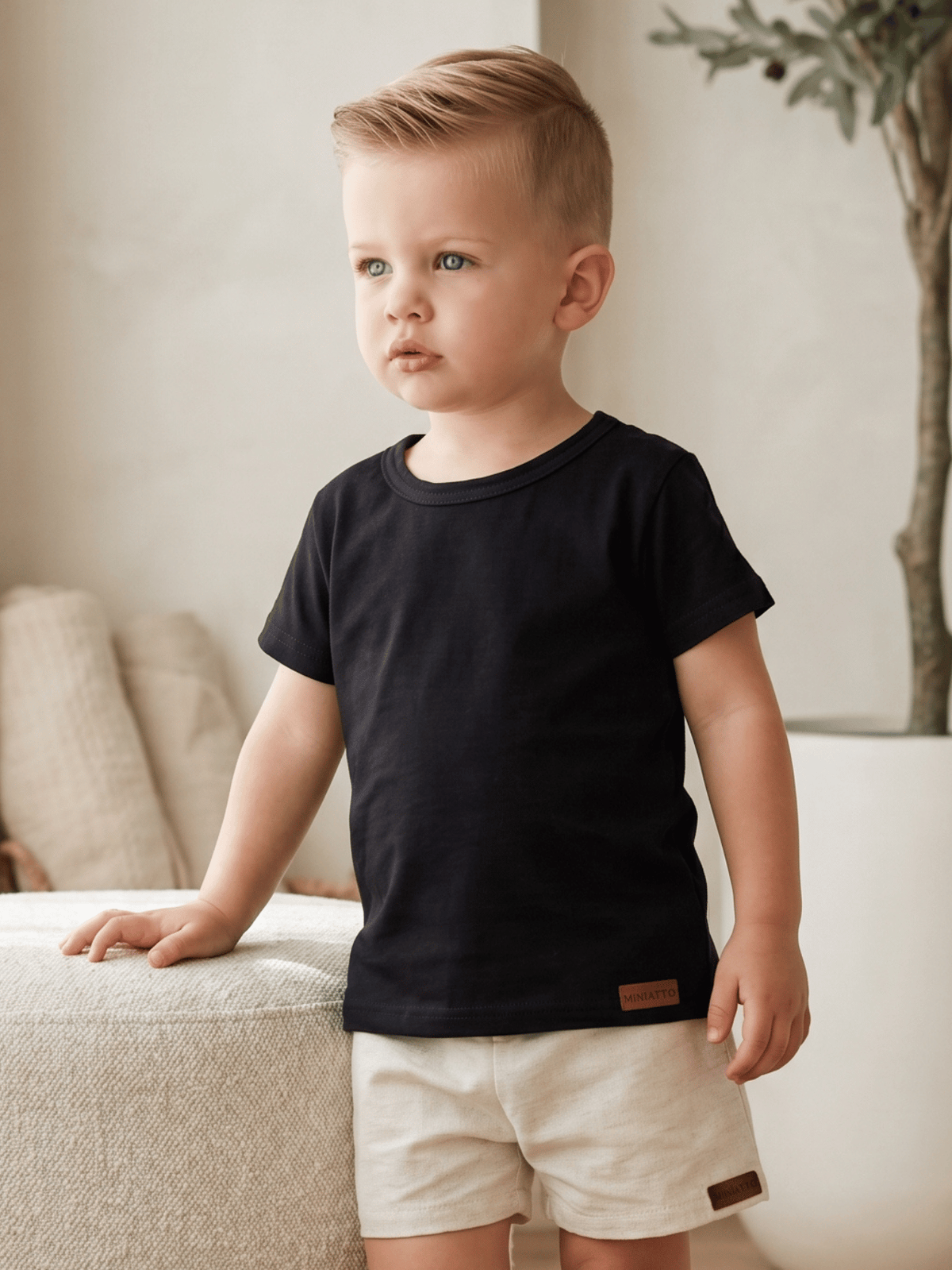 Conjunto Bebê Menino Verão Camiseta Algodão 100% + Short Linho Preto/Off-White(0-4)