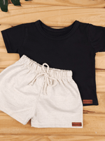 Conjunto Bebê Menino Verão Camiseta Algodão 100% + Short Linho Preto/Off-White(0-4)