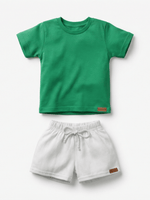 Conjunto Bebê Menino Verão Camiseta Algodão 100% + Short Linho Verde/Branco (0-4)