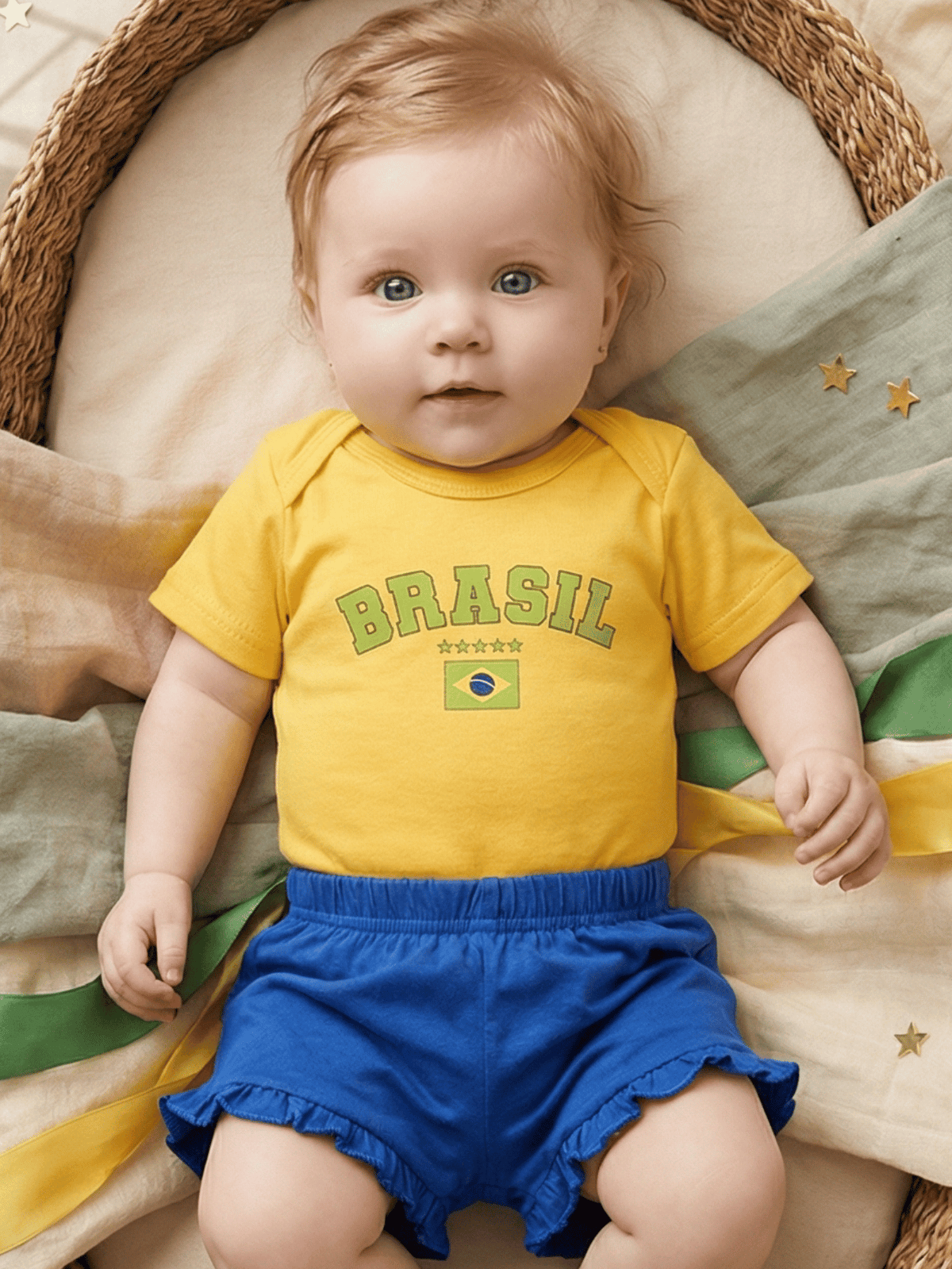 Conjunto Roupa Infantil Menina Body Brasil Amarelo e Short Babadinho Bebê