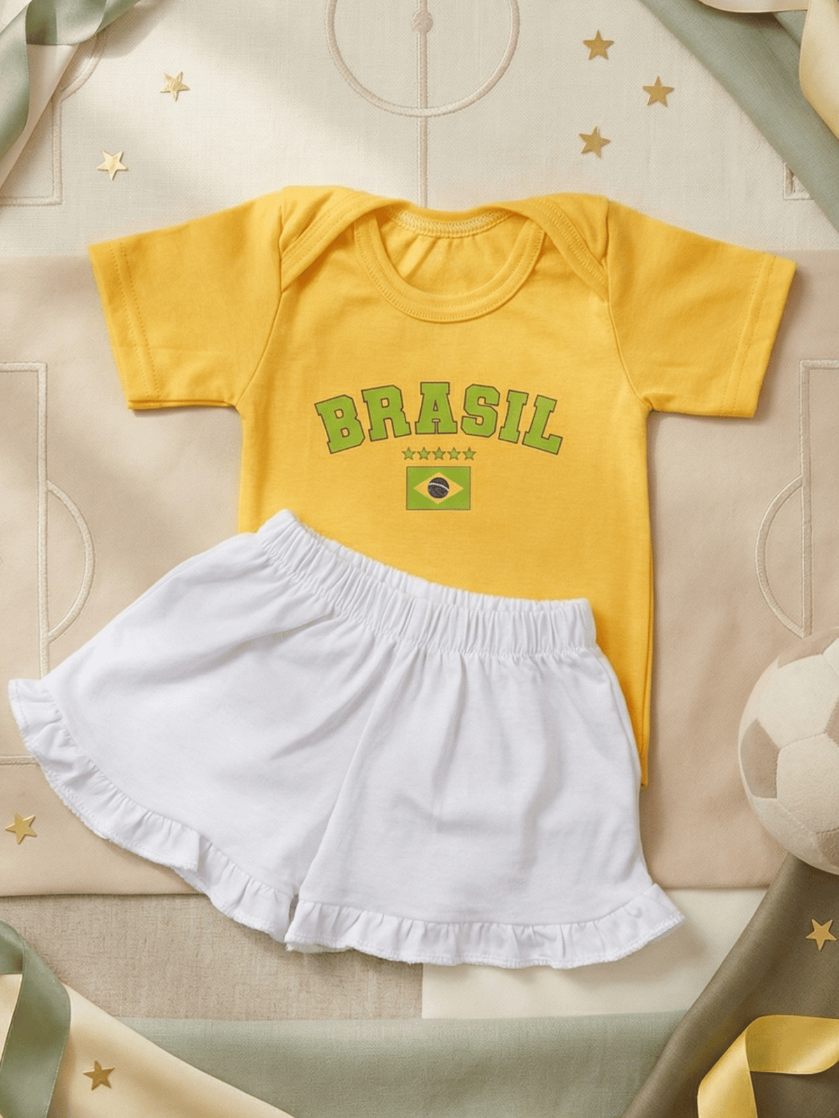 Conjunto Roupa Infantil Menina Body Brasil Amarelo e Short Babadinho Bebê