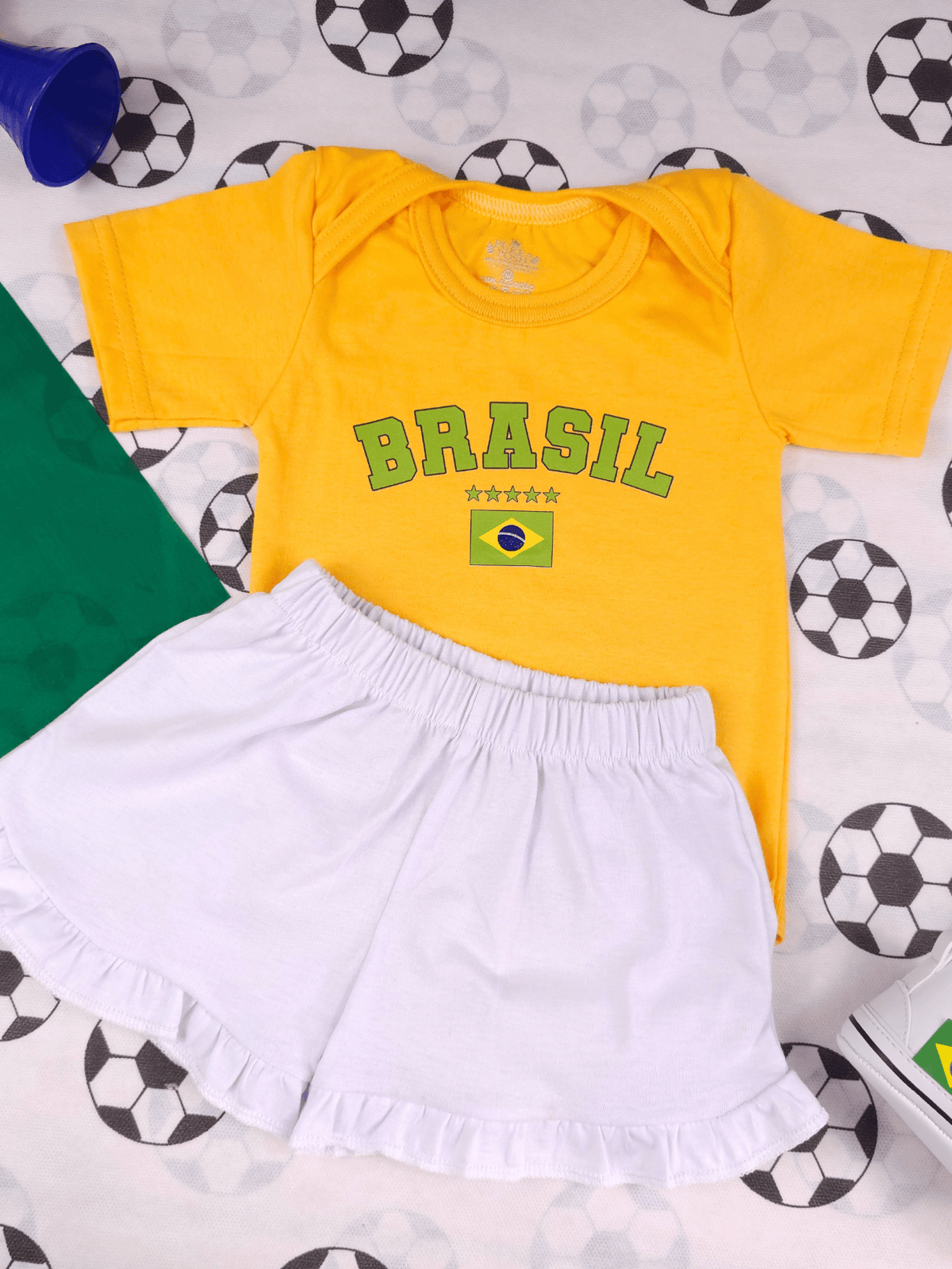 Conjunto Roupa Infantil Menina Body Brasil Amarelo e Short Babadinho Bebê