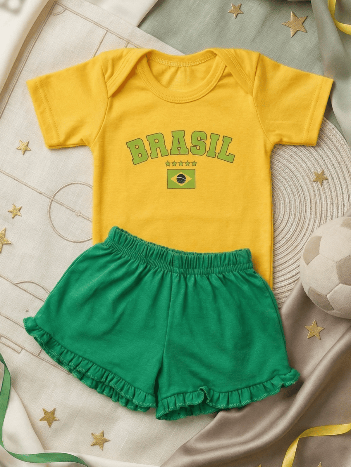 Conjunto Roupa Infantil Menina Body Brasil Amarelo e Short Babadinho Bebê