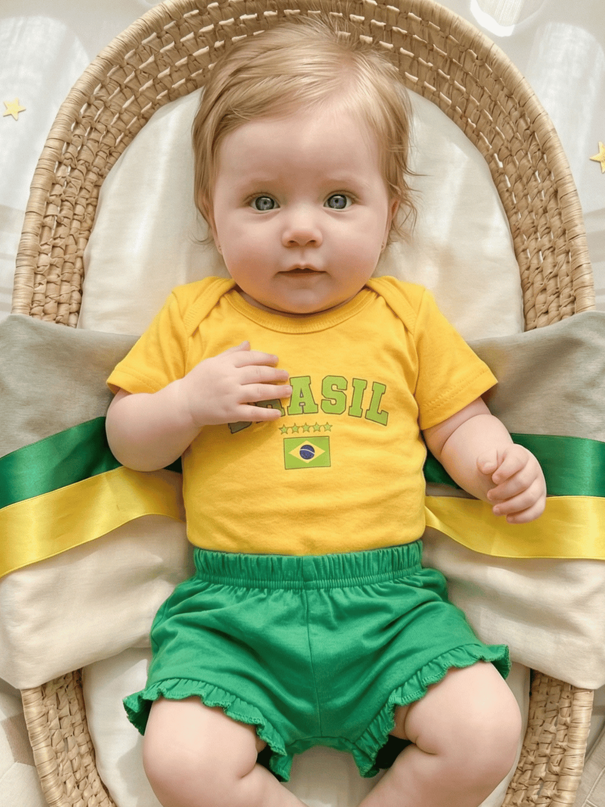 Conjunto Roupa Infantil Menina Body Brasil Amarelo e Short Babadinho Bebê