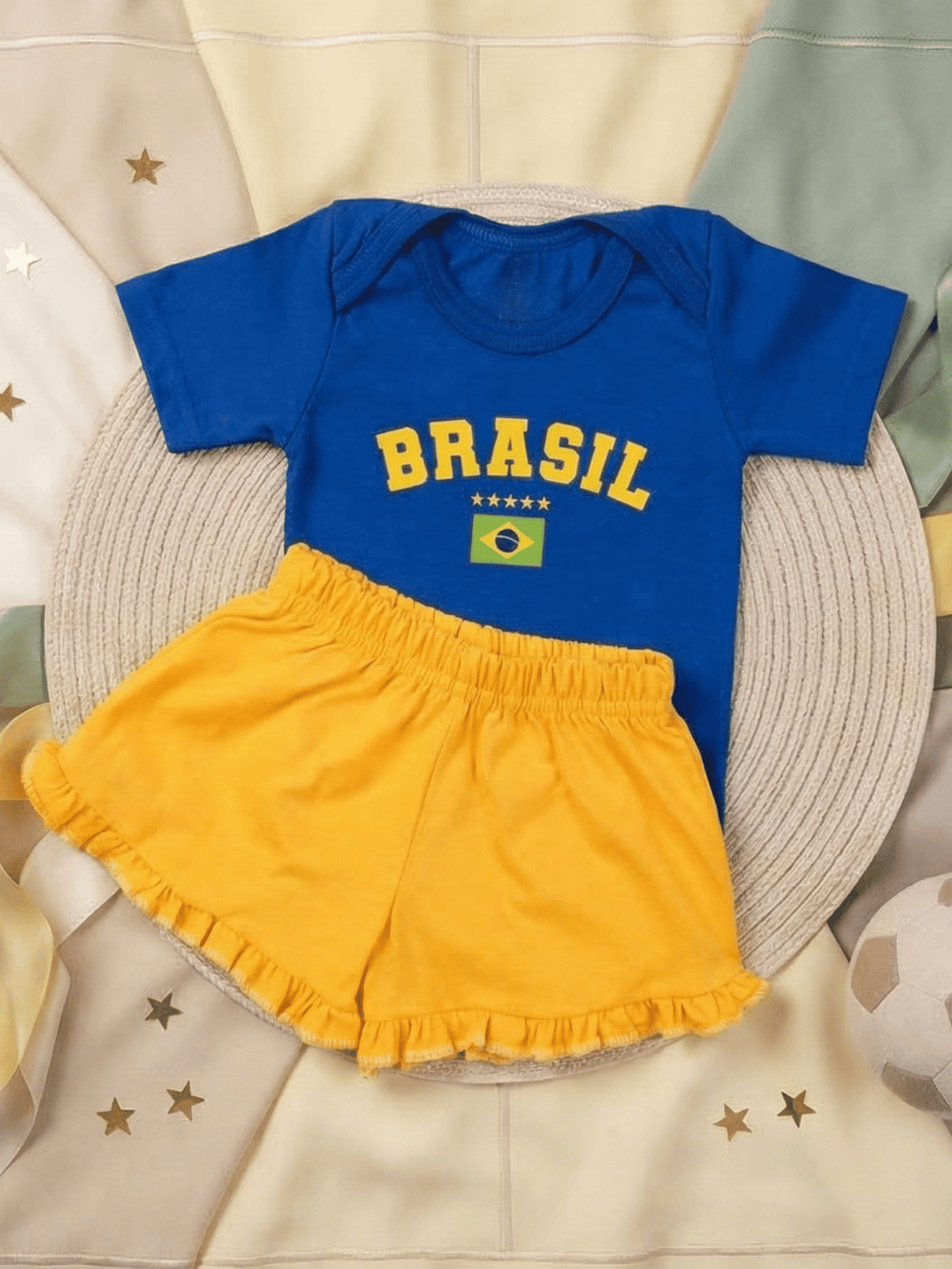 Conjunto Bebê Menina Brasil Body Azul E Short Babadinho 100% Algodão