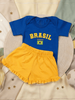 Conjunto Bebê Menina Brasil Body Azul E Short Babadinho 100% Algodão