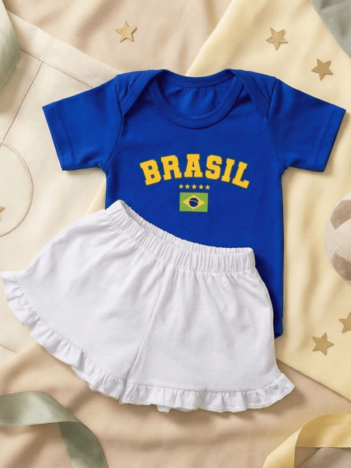 Conjunto Bebê Menina Brasil Body Azul E Short Babadinho 100% Algodão