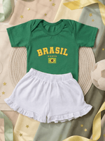 Conjunto Infantil Bebê Menina Brasil Body Verde Com Short Babadinho 100% Algodão