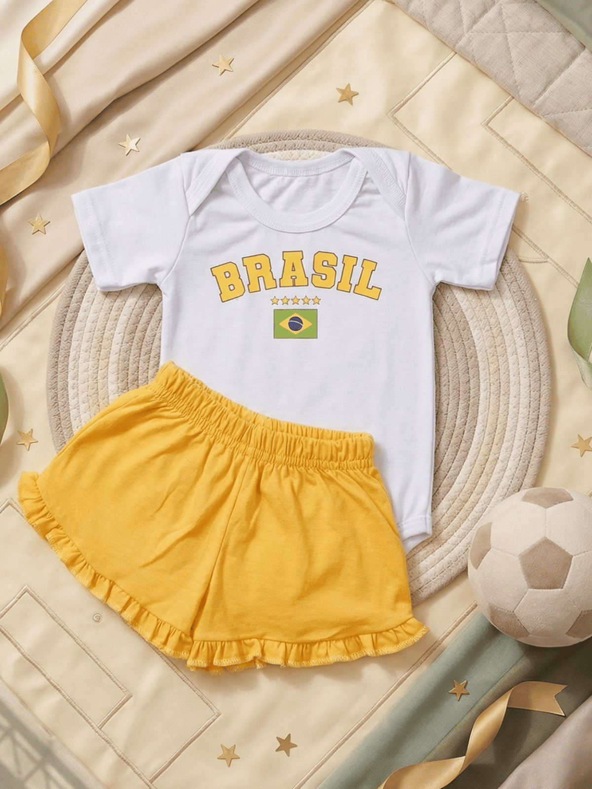 Conjunto Bebê Menina Body Branco Brasil Copa com Short Babadinho 100% Algodão