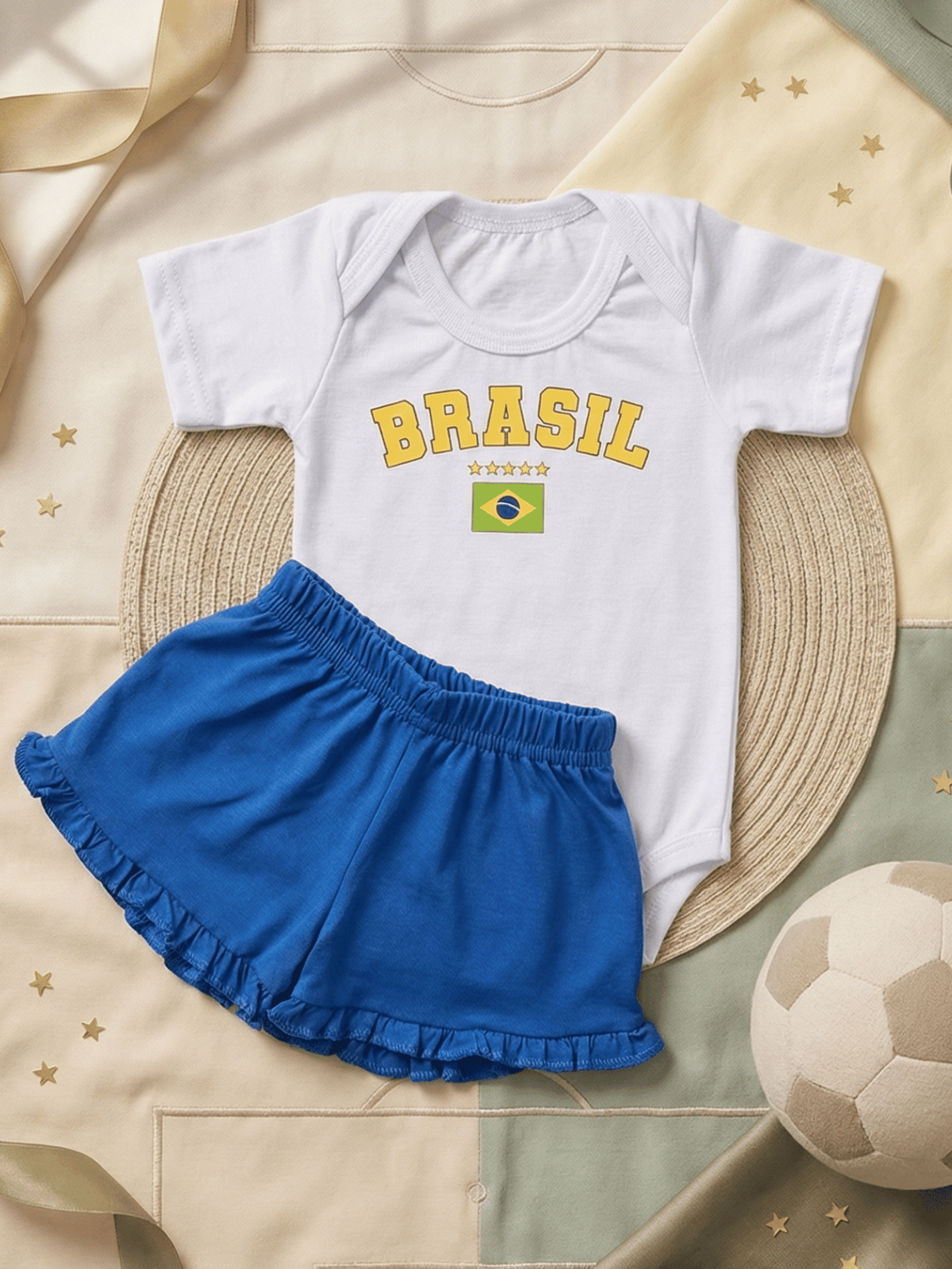 Conjunto Bebê Menina Body Branco Brasil Copa com Short Babadinho 100% Algodão
