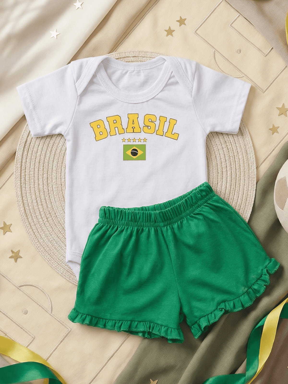 Conjunto Bebê Menina Body Branco Brasil Copa com Short Babadinho 100% Algodão