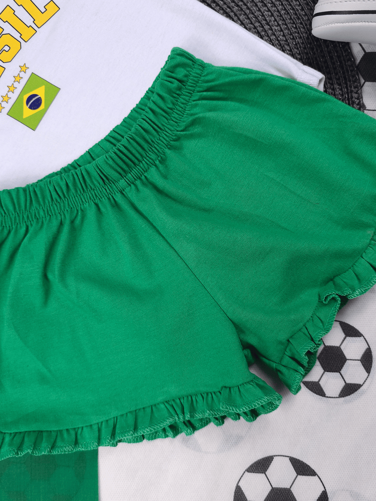 Conjunto Bebê Menina Body Branco Brasil Copa com Short Babadinho 100% Algodão