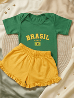 Conjunto Infantil Bebê Menina Brasil Body Verde Com Short Babadinho 100% Algodão