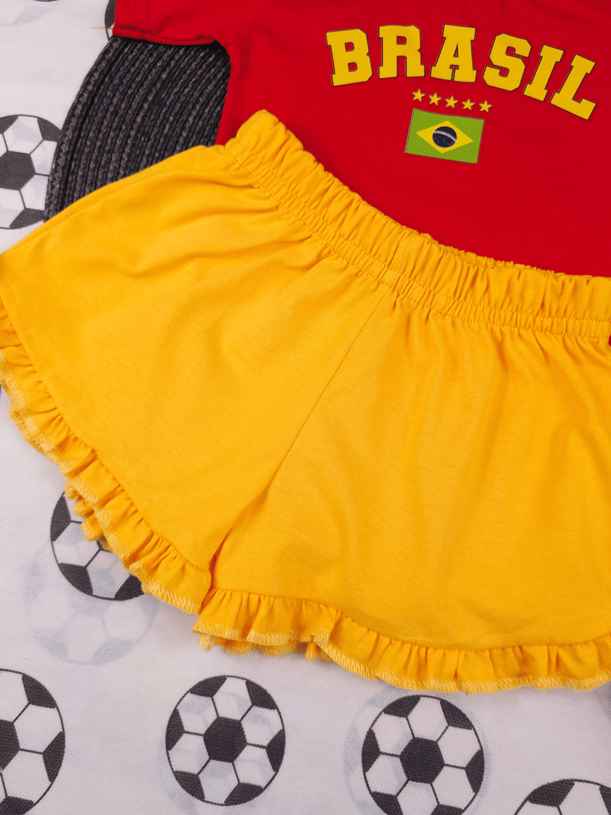 Conjunto Bebê Menina Brasil Body Vermelho Com Short Babadinho Amarelo 100% Algodão