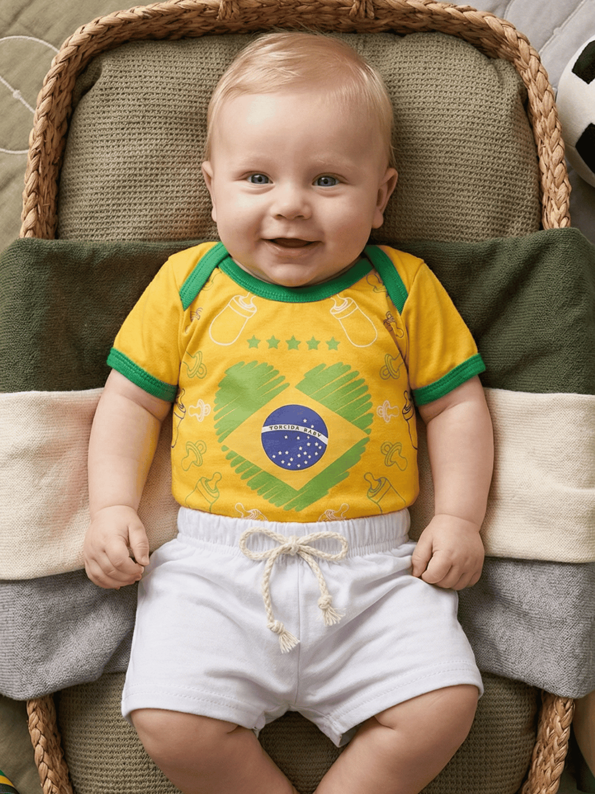 Conjunto Bebê Menino Brasil Body Estampado E Short de Malha 100% Algodão