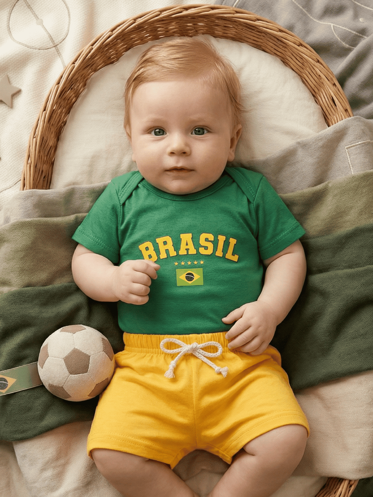 Conjunto Bebê Menino Body Verde E Short de Malha 100% Algodão Brasil Copa do Mundo