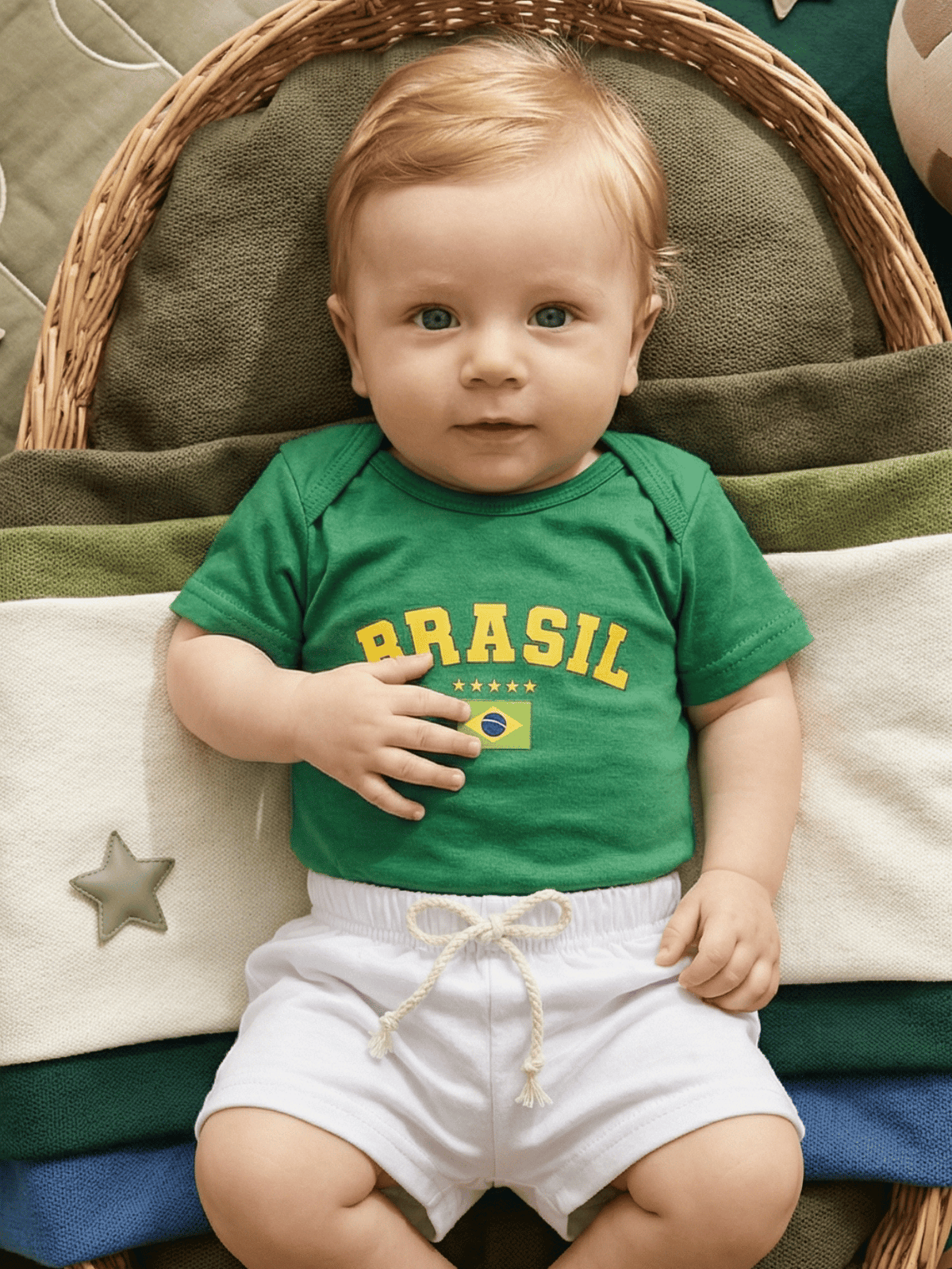 Conjunto Bebê Menino Body Verde E Short de Malha 100% Algodão Brasil Copa do Mundo