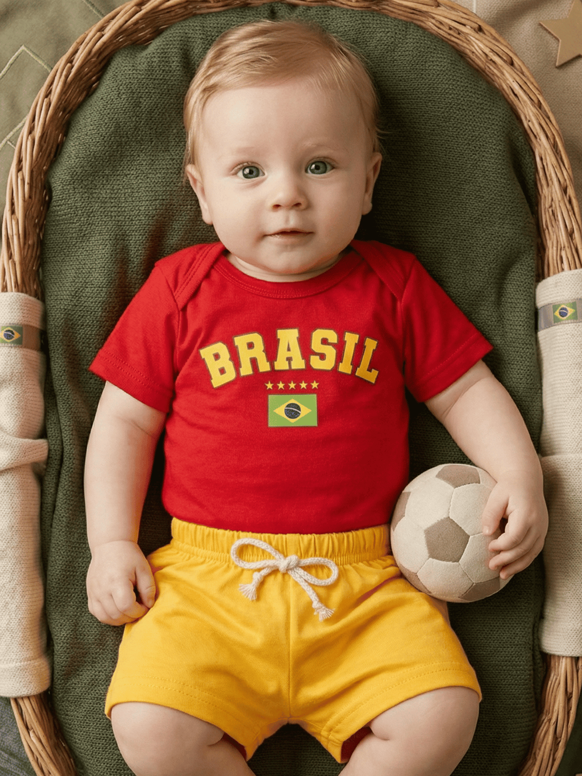 Conjunto Bebê Menino Body Vermelho Brasil Com Short Amarelo De Malha