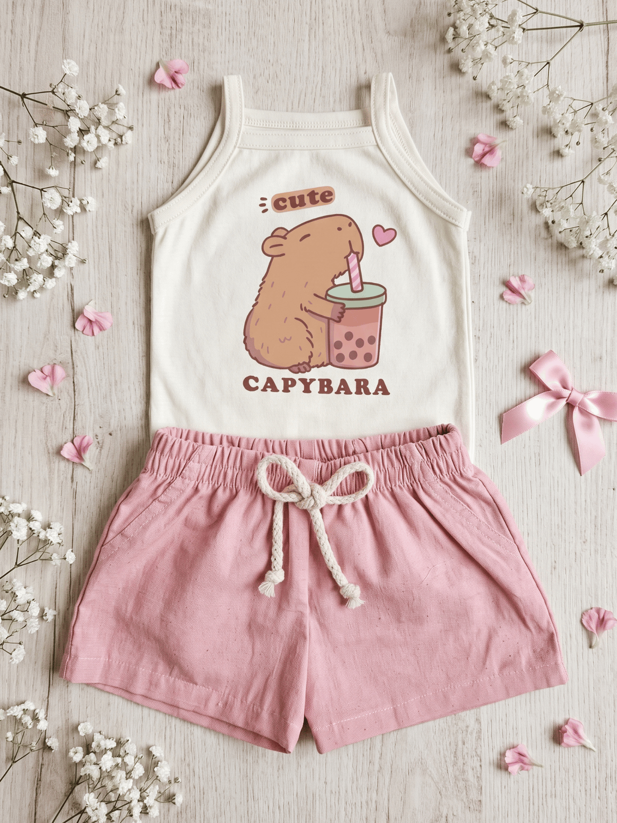 Conjunto Bebê Menina Capivara Body Alcinha e Short Linho