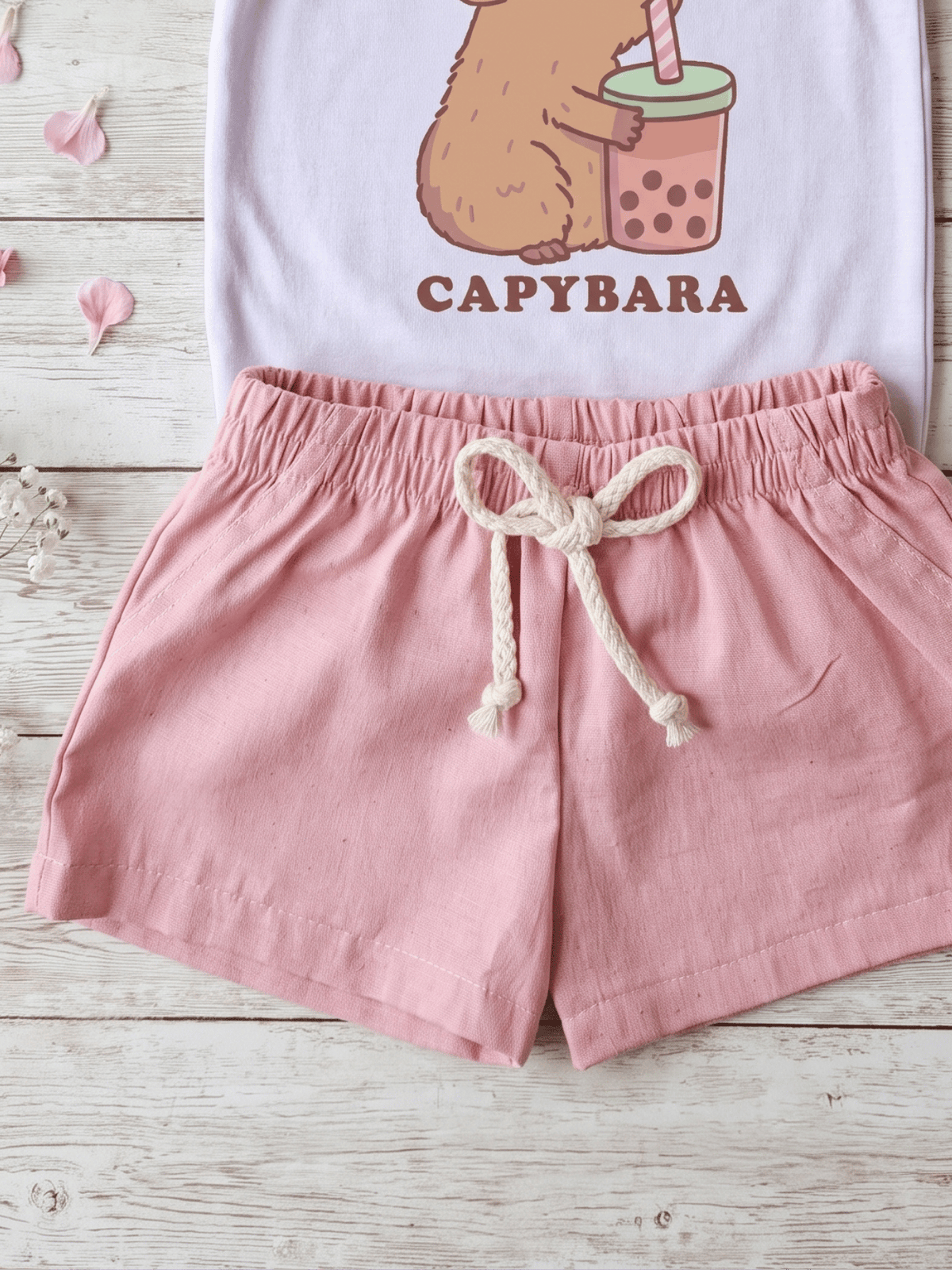 Conjunto Bebê Menina Capivara Body Alcinha e Short Linho