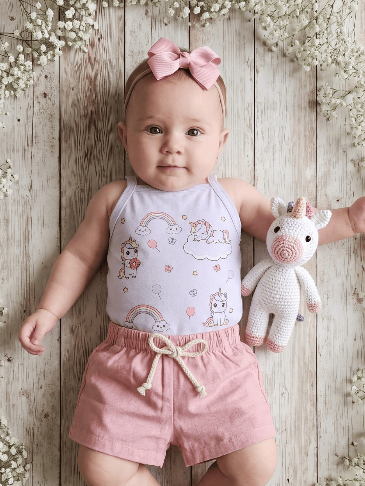 Conjunto Bebê Menina Body Alcinha Unicórnio e Short Linho