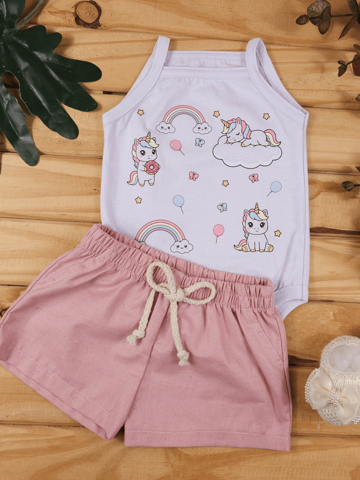 Conjunto Bebê Menina Body Alcinha Unicórnio e Short Linho