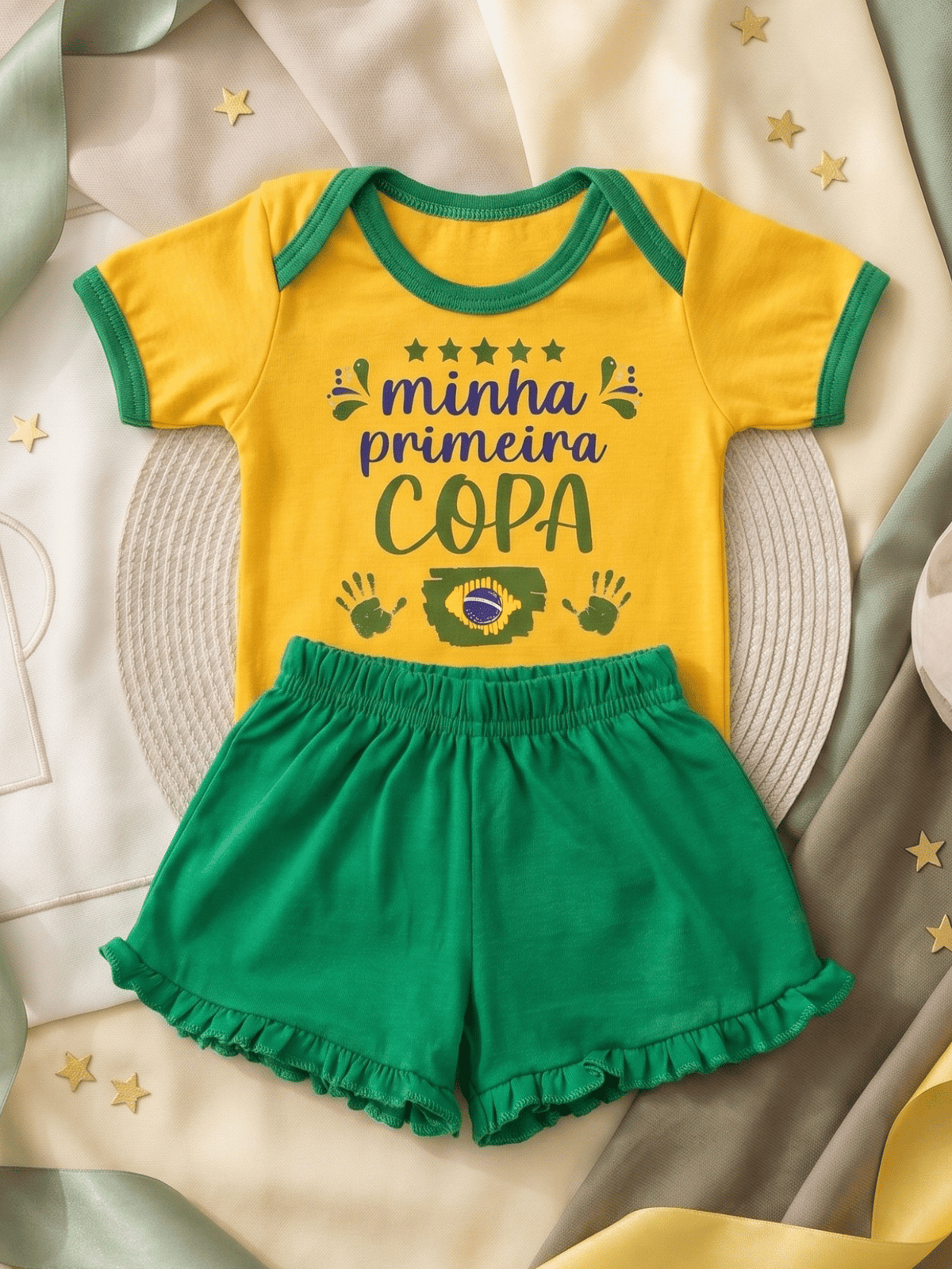 Conjunto Infantil Bebê Menina Brasil Copa Body Estampado E Short Babadinho
