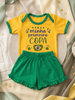 Conjunto Infantil Bebê Menina Brasil Copa Body Estampado E Short Babadinho