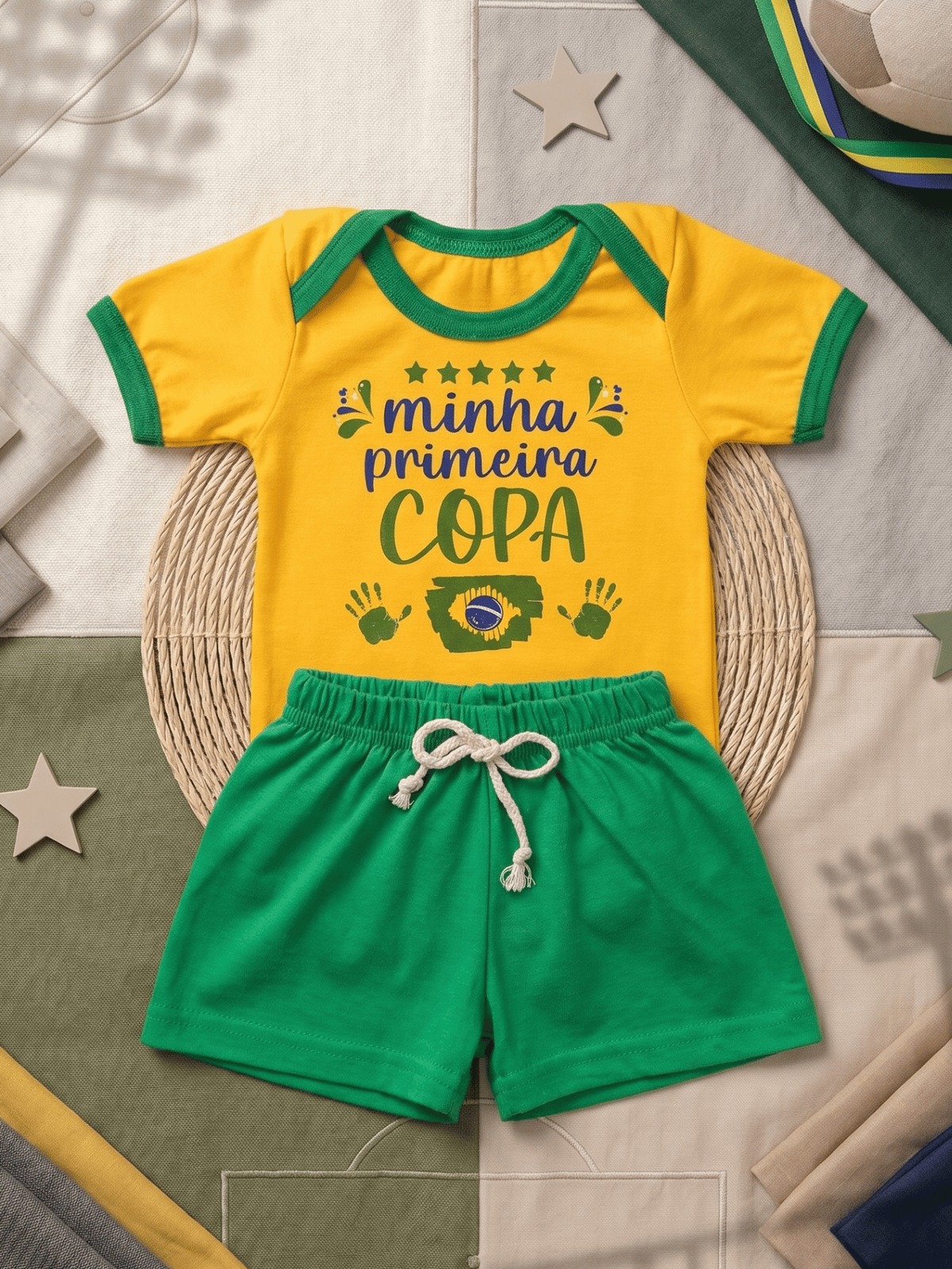 Conjunto Infantil Bebê Menino Copa Brasil Body Estampado E Short de Malha 100% Algodão