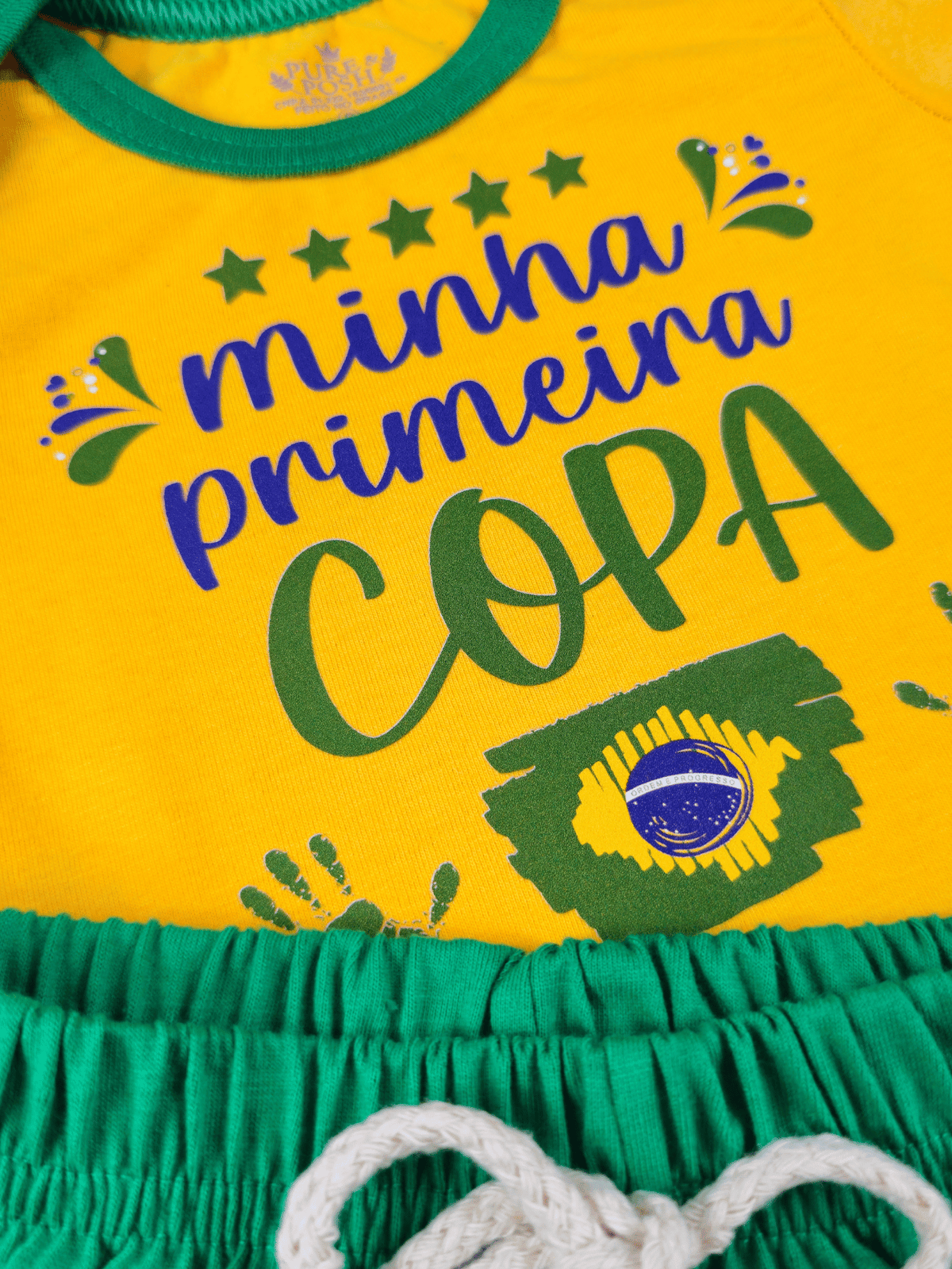 Conjunto Infantil Bebê Menino Copa Brasil Body Estampado E Short de Malha 100% Algodão