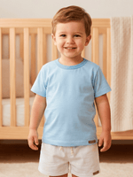 Conjunto Bebê Menino Verão Camiseta Algodão 100% + Short Linho Azul Bebê/Branco (0-4)