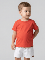 Conjunto Bebê Menino Verão Camiseta Algodão 100% + Short Linho Laranja Ferrugem/Branco (0-4)