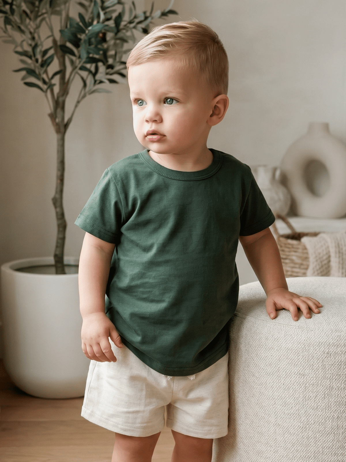 Conjunto Bebê Menino Verão Camiseta Algodão 100% + Short Linho Verde Militar/Off-White (0-4)