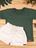 Conjunto Bebê Menino Verão Camiseta Algodão 100% + Short Linho Verde Militar/Off-White (0-4)