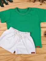 Conjunto Bebê Menino Verão Camiseta Algodão 100% + Short Linho Verde/Branco (0-4)