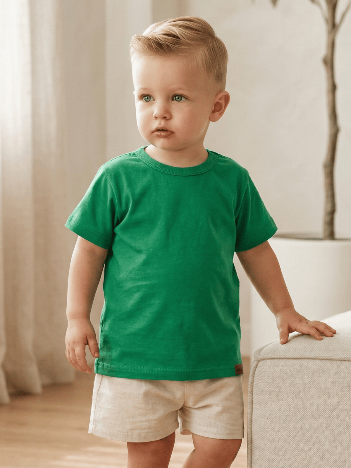 Conjunto Bebê Menino Verão Camiseta Algodão 100% + Short Linho Verde/Off-White (0-4)