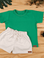 Conjunto Bebê Menino Verão Camiseta Algodão 100% + Short Linho Verde/Off-White (0-4)