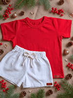 Conjunto Bebê Menino Natal Camiseta Vermelha de Algodão e Short de Linho Branco