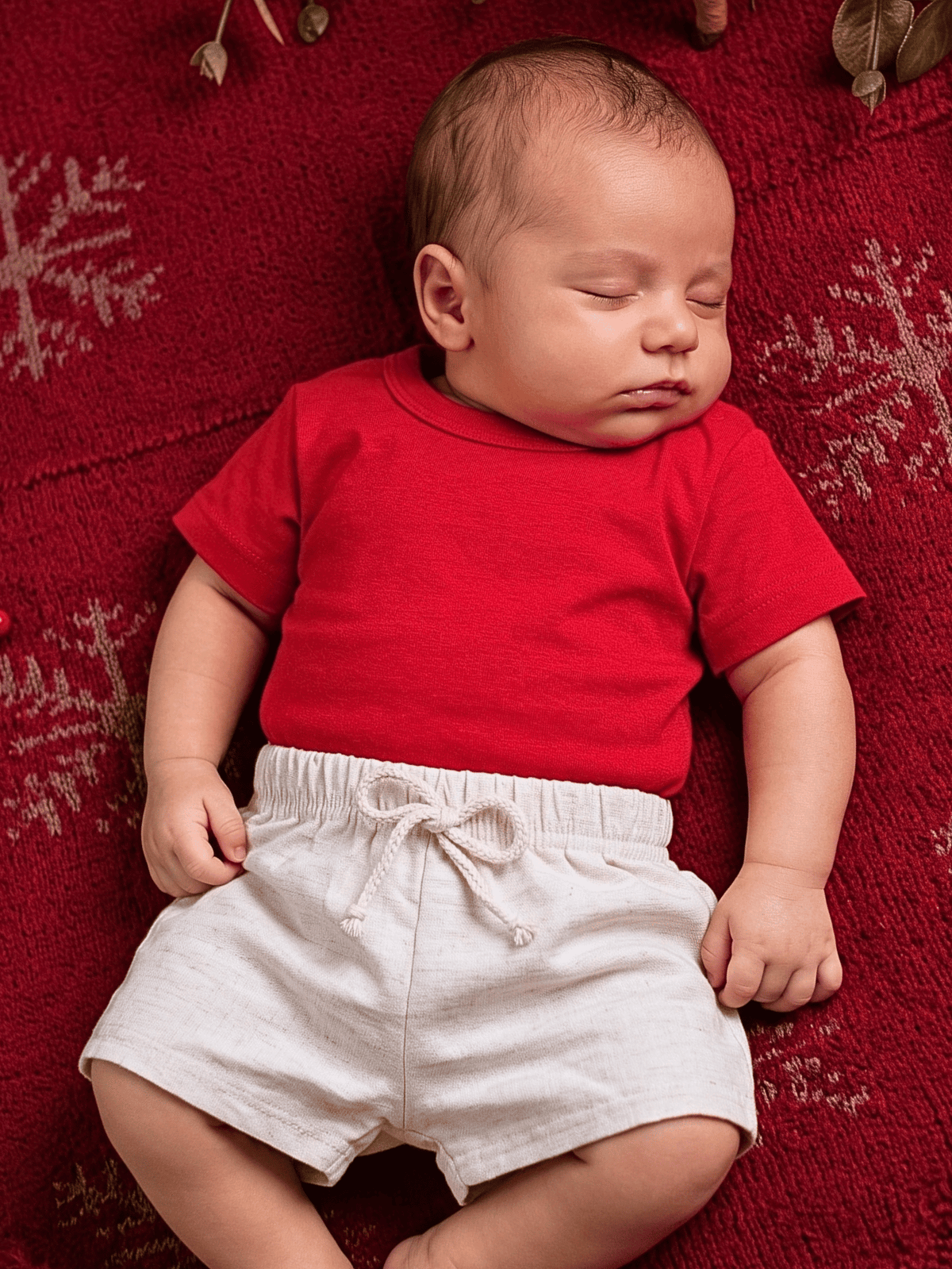 Conjunto Bebê Menino Natal Camiseta Vermelha de Algodão e Short de Linho