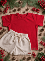 Conjunto Bebê Menino Natal Camiseta Vermelha de Algodão e Short de Linho