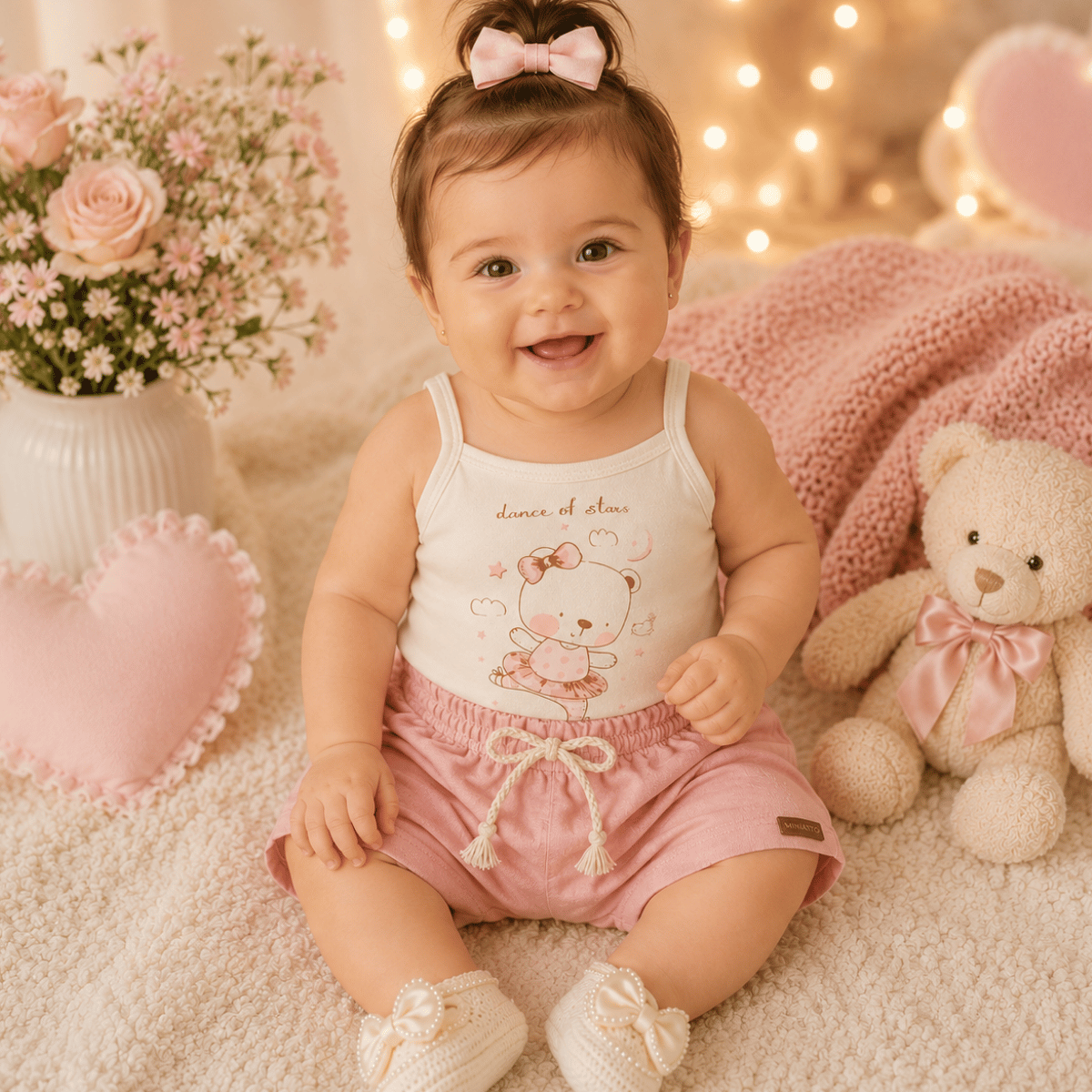 Conjunto Infantil Bebê Menina Floral com Short em Linho Rosa