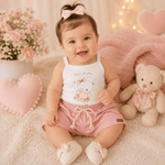 Conjunto Infantil Bebê Menina Floral com Short em Linho Rosa