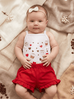Conjunto Bebê Menina Mêsversário Body de Alcinha Estampa Café e Short Babadinho Vermelho