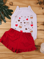 Conjunto Bebê Menina Mêsversário Body de Alcinha Estampa Café e Short Babadinho Vermelho