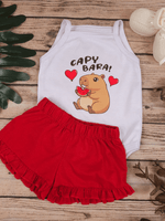 Conjunto Bebê Menina Mêsversário Body Capivara Fofa e Short Babadinho Vermelho